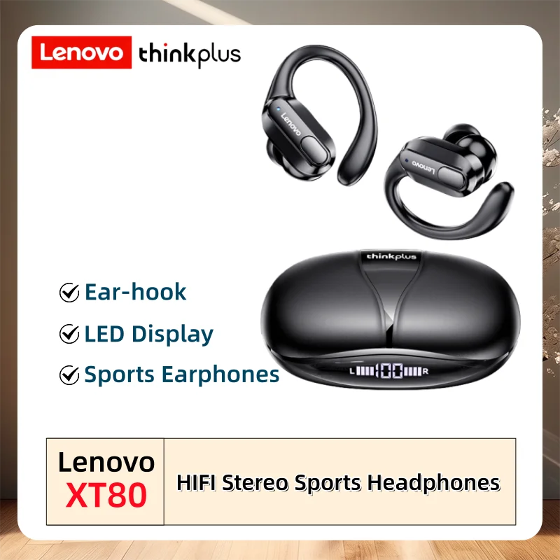 Original Lenovo XT80 Earhooks Sports Bluetooth Wireless Headsets with Mic,LED Power Display,ENC,Hifi Stereo Sound Gaming Headset