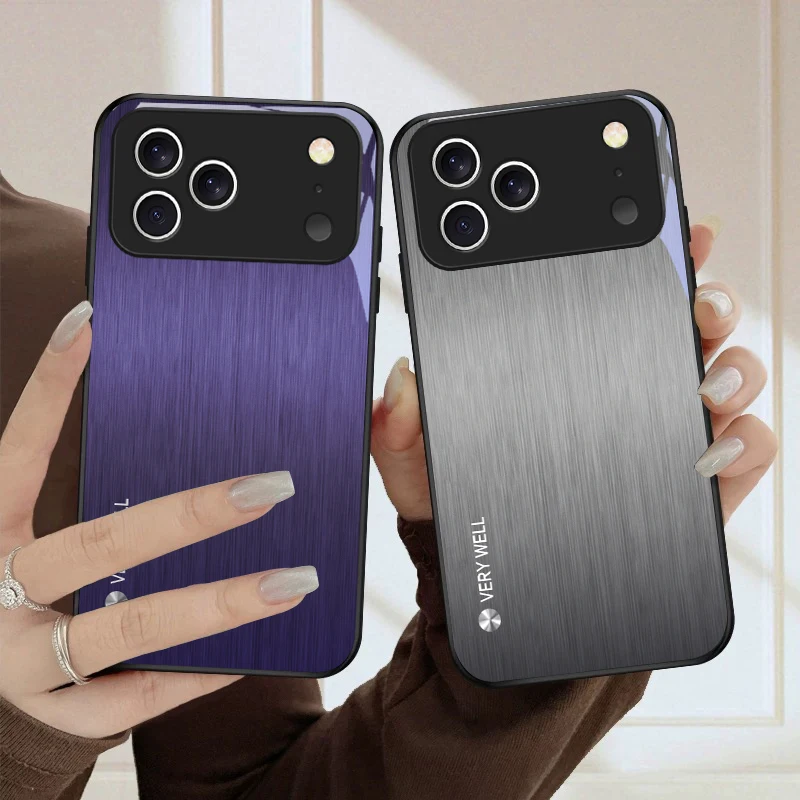 Minimally brushed metal For iPhone 17 Pro Max 16E 15 Plus 14 Pro 13 12mini 11 Air XS Max 5 6 7 8Plus SE Black Glass Phone Case view 6