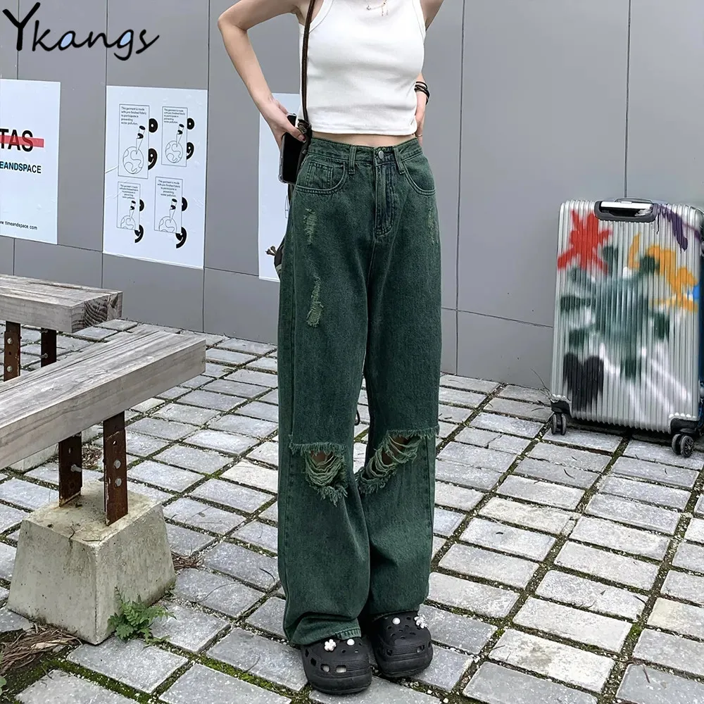 Hohe Taille schlanke Buchstaben Stickerei Jeans Frauen koreanischen Chic y2k lässig gerade Jeans hose Mode Streetwear Goth Denim Trouserj