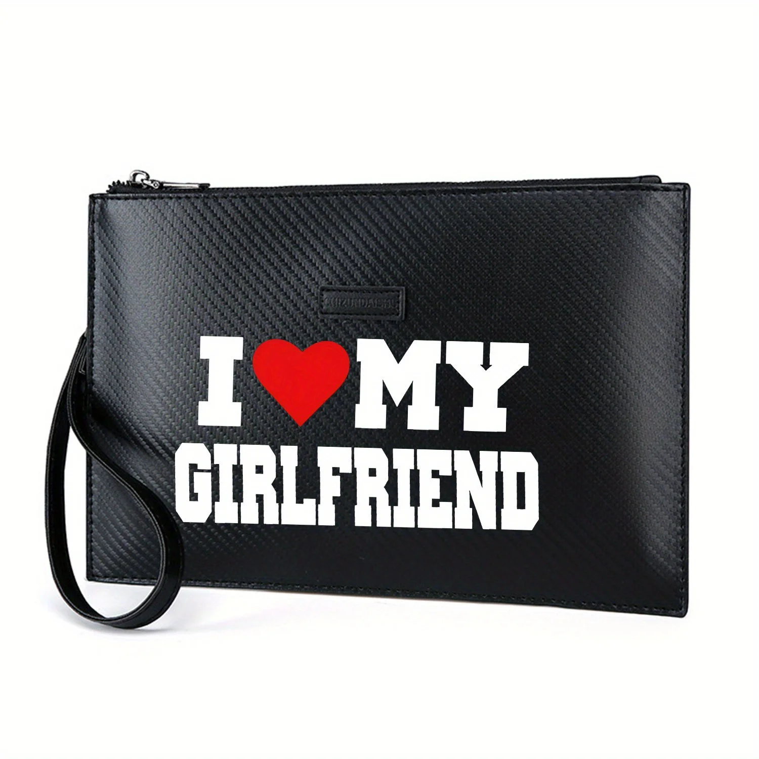 أنا قلب صديقتي، خلفية سوداء. حقيبة يد رجالية أنيقة مطبوعة من البولي يوريثان عصرية وعملية للحمل اليومي