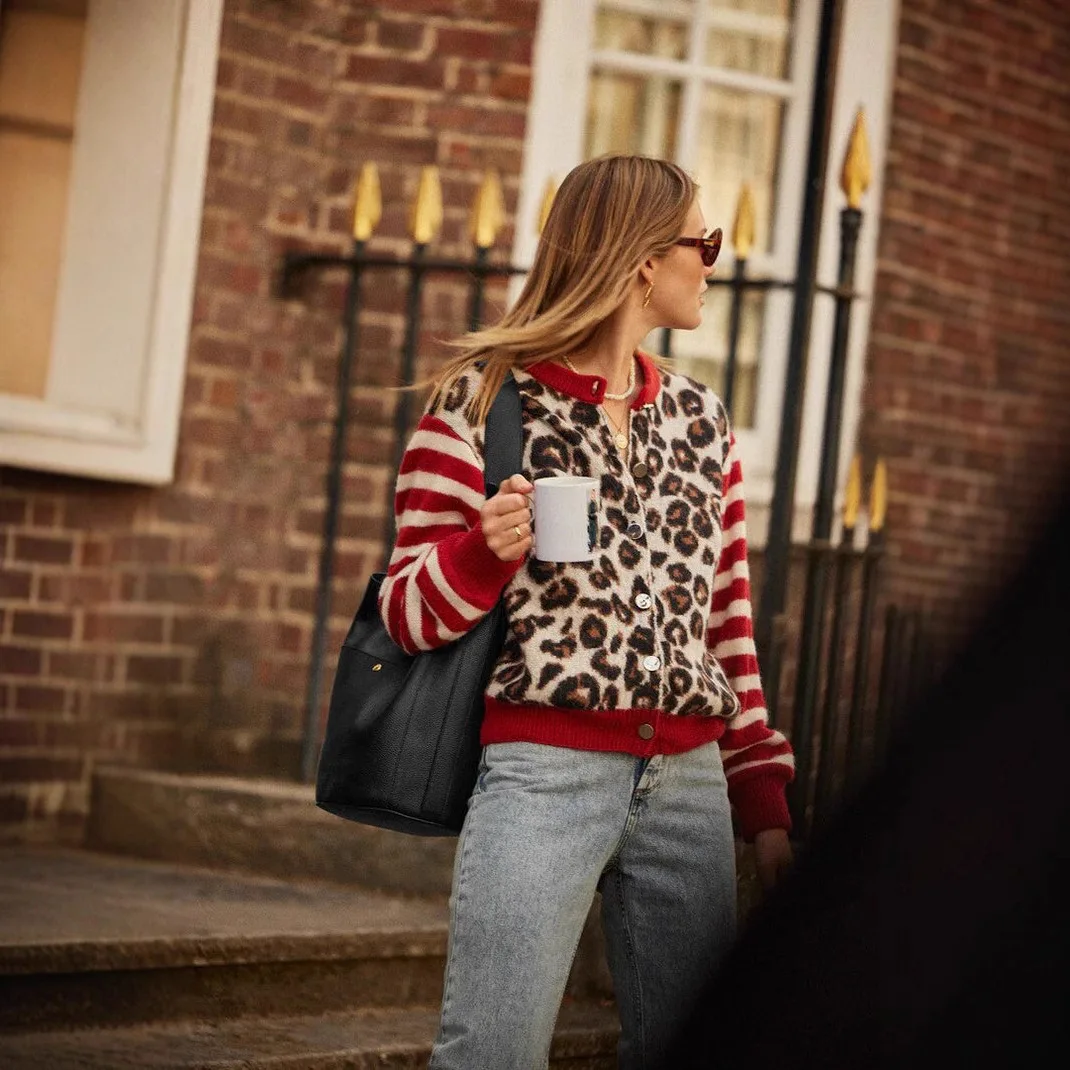 Vintage Leopard Print Loose Sweaters For Women Long Sleeve Single Breasted Oversize Knit Jacket Coat Autumn Casual Cardigans Top