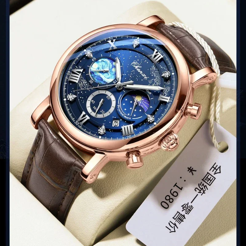 

CHENXI, новинка 972 года, кварцевые часы с изображением Солнца, Луны, звезды, ночника, модные водонепроницаемые мужские часы с календарем фазы Луны, Montres Hommes