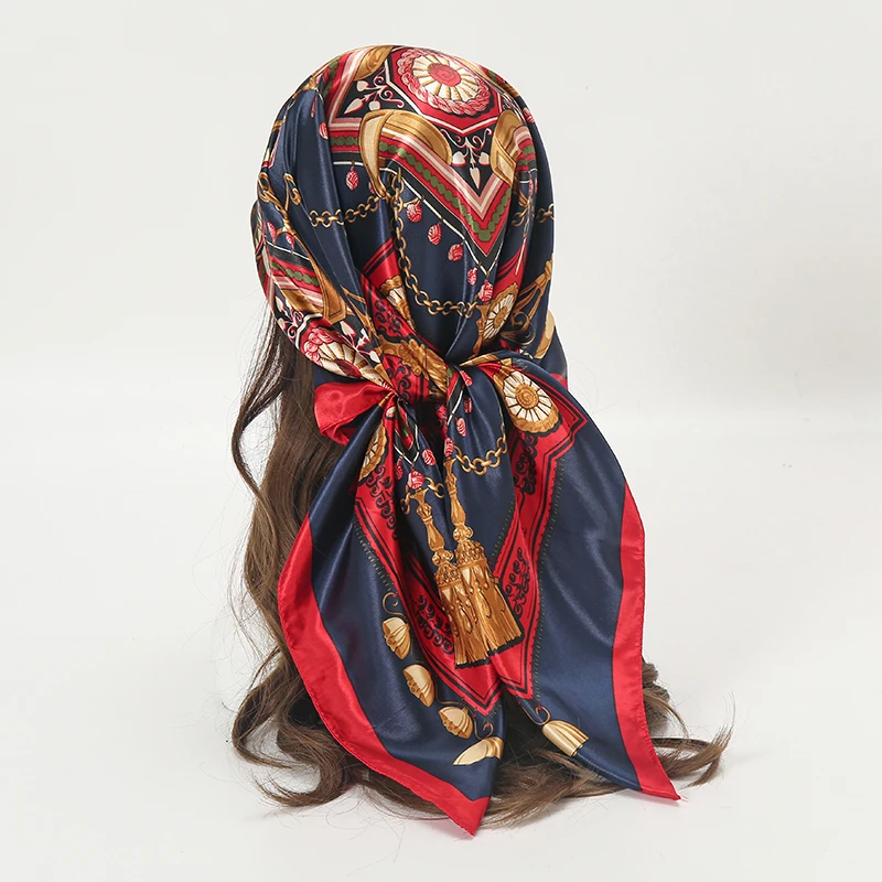Satin Square Scarf Women Muslim Hijab Elegant 2026 Chains Print Neckerchief Shawl Wraps Headband Handle Hair Accessories Bandana view 3