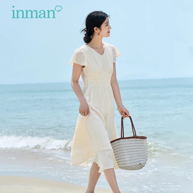 

INMAN Women Dress 2023 Summer Design Short Sleeves V Neck A-shaped Slim Waist Pleated Design Elegant Retro Apricot Skirt