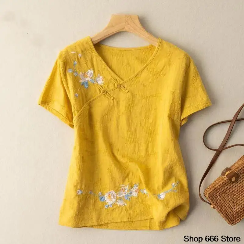 China Style Spring Summer Printing T-shirt Loose Top Oriental Female Clothes Chinese Blouses for Women Retro Cotton Linen Shirt