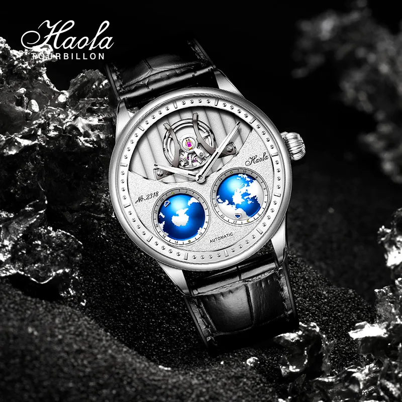

Haofa мужские часы с автоматическим механизмом, простые механические часы с глобусом и автоподзаводом, мужские модные часы из нержавеющей стали 2318