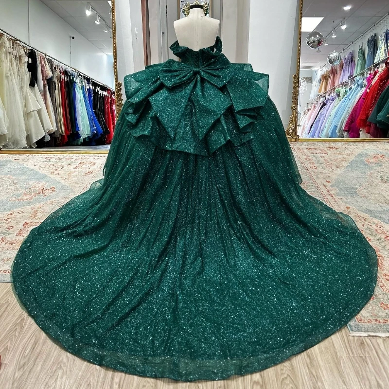 Emerald Green Off Shoulder Sparkly Quinceanera Dresses Ball Gown Crystal Tulle Formal Princess Birthday Party Vestidos De 15 Año