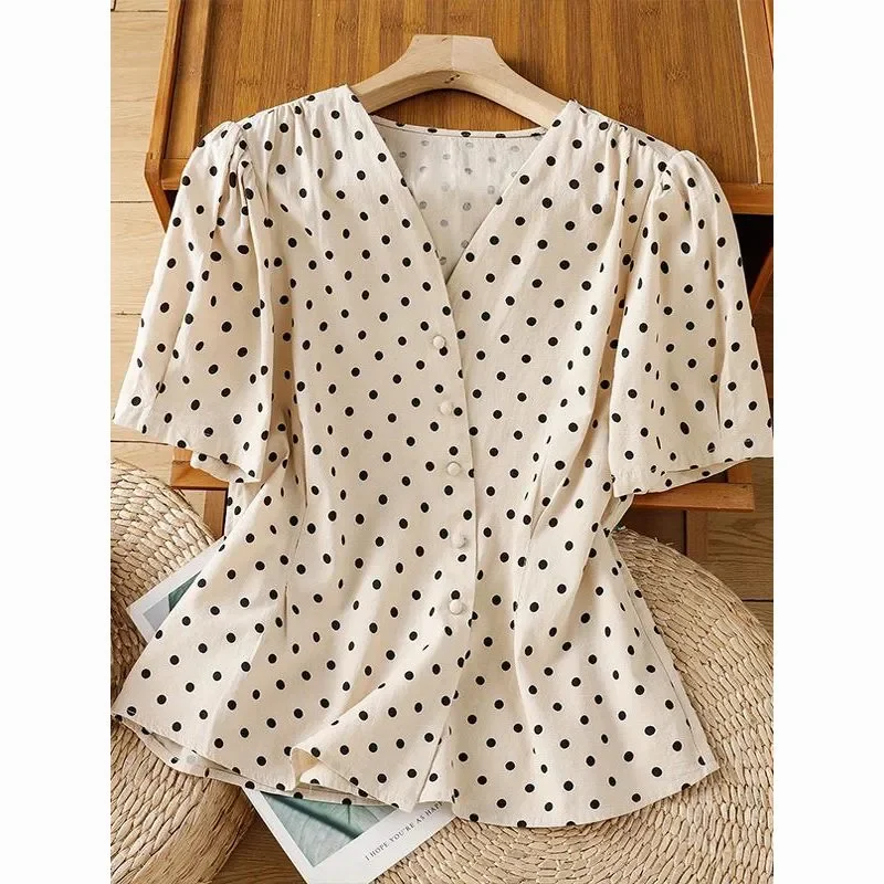 

Women Polka Dot V Neck Blouse Korean Style Summer Short Sleeve Single Breasted Slim Fit Casual Shirt