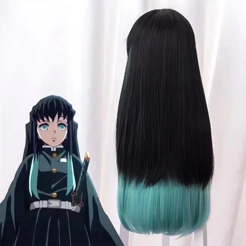 HAIRJOY Synthetic Hair Wig Tokitou Muichirou Cosplay Wig  Ombre Black Green Costume Wig for Halloween Rose Net