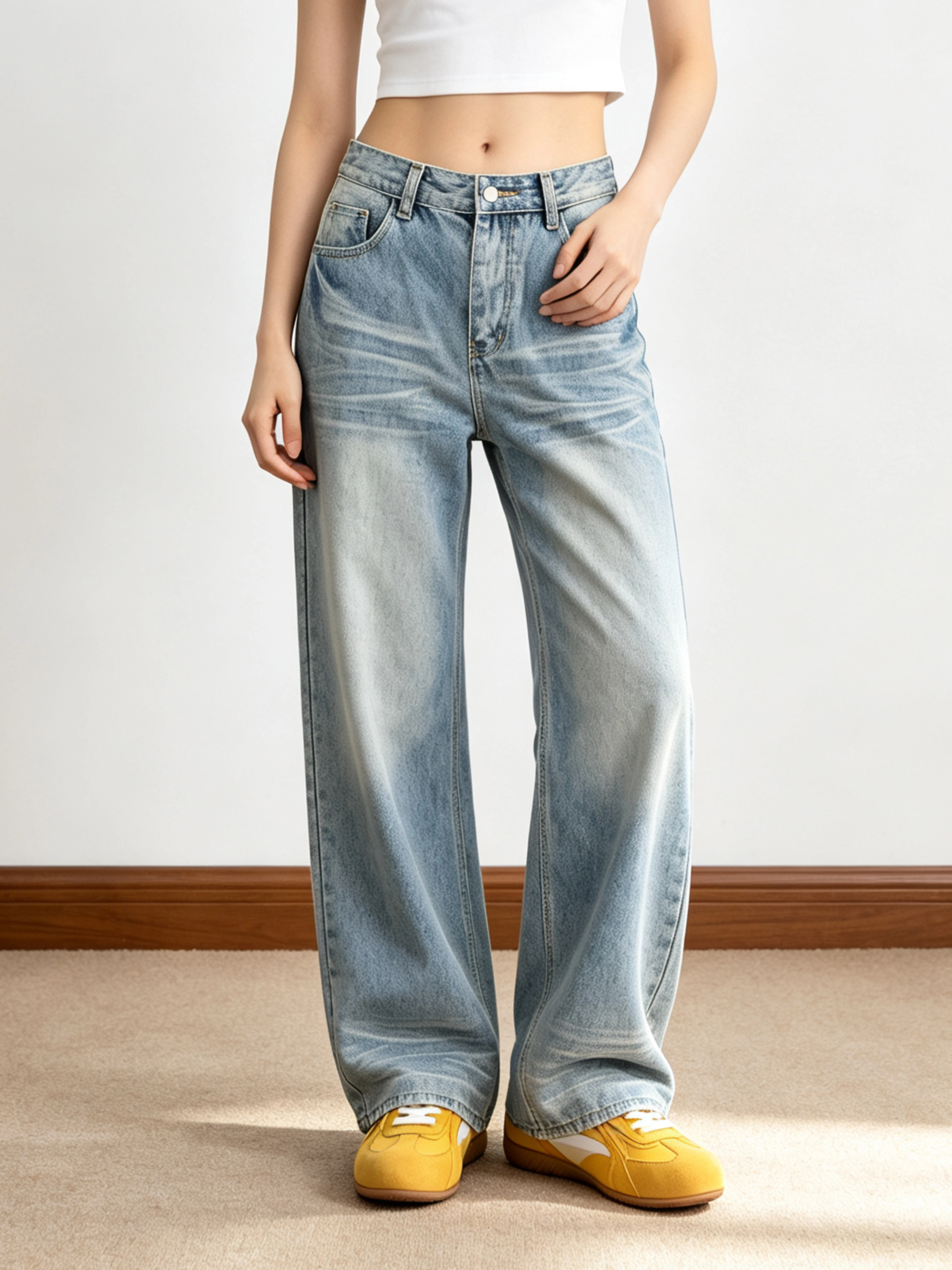 Small Ball American Style Vintage  Dragging Jeans Women Straight Leg Washed High Street Couple Wide Leg Pants