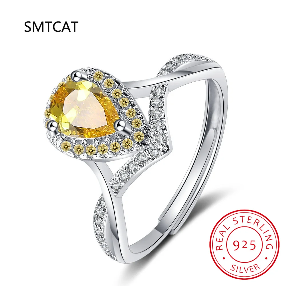 Pear Cut Natural Yellow Citrine 925 Sterling Silver Water Drop Open Adjustable Ring for Women Statement Gemstone Fine Jewelry