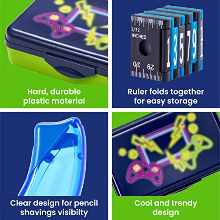 تتضمن مجموعة صناديق القلم الرصاص ومبراة مسطرة من البلاستيك المتين للمكتب المدرسي بتصميم ألعاب أزرق #5