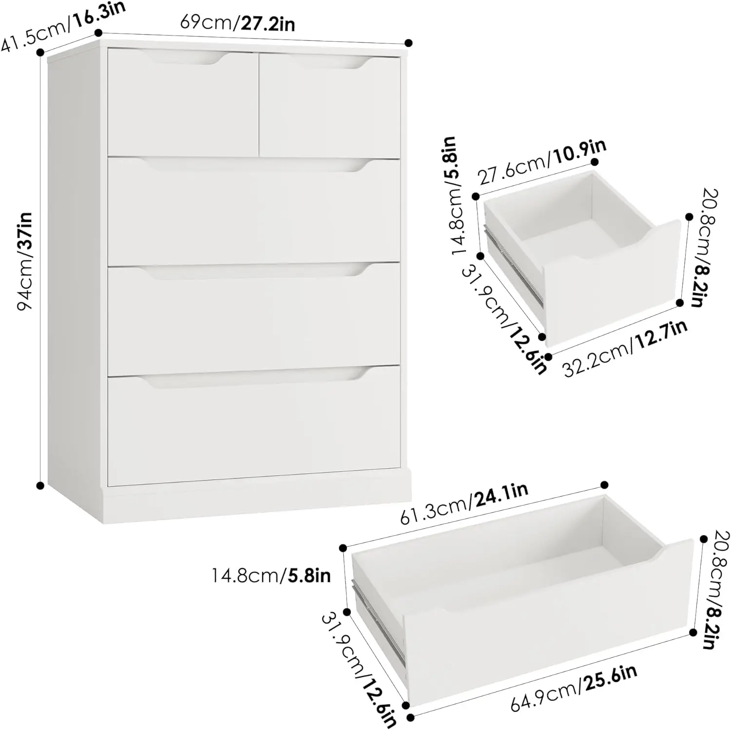 Comò a 5 cassetti per camera da letto, cassettiera con contenitore, organizer per cassettiera in legno con maniglia ritagliata