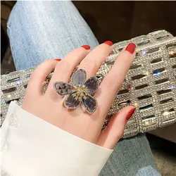Personality Exaggerated Crystal Flower Ring Womanly Fashion Open Ring Women's Cocktail Party Luxury Jewelry Gifts