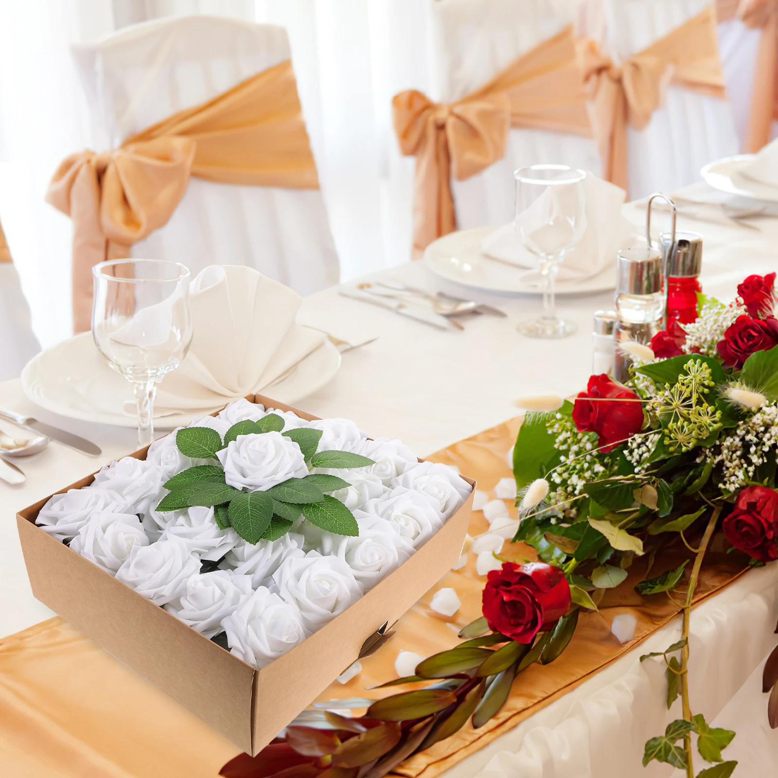 

50 White Foam Artificial Roses in Box Wedding Decor Home Bouquet Gift Simulation Flower Arrangement