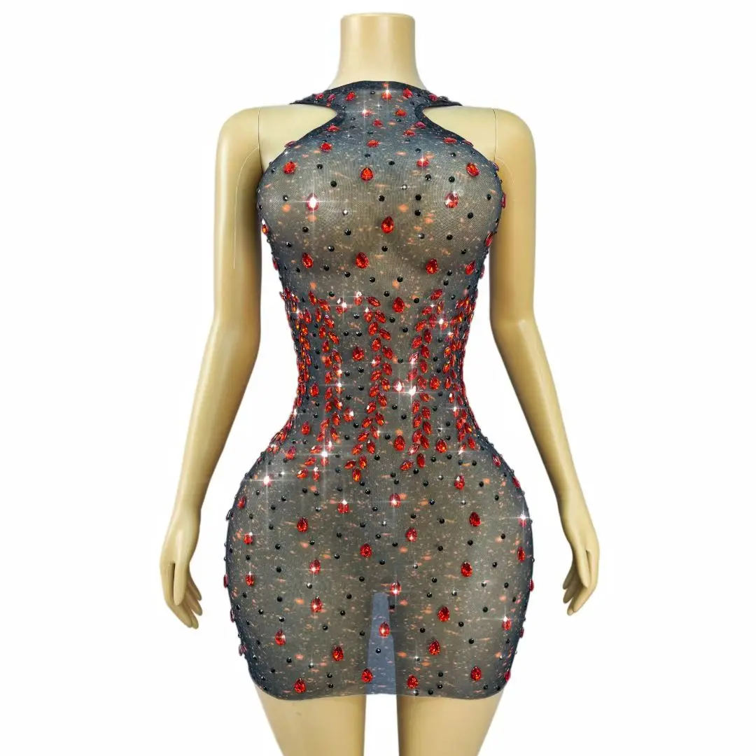 Hongyanyan Sparkly Gradient Center Red Rhinestone Mesh Mini Gown Halter Neck Hollow Shoulder Singer Photoshoot Outfit