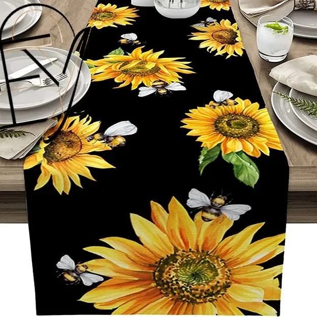 Linen Table Runner Thanksgiving Turkey with Corn  Pumpkin Print in Brown Harvest Dinner Table Styling