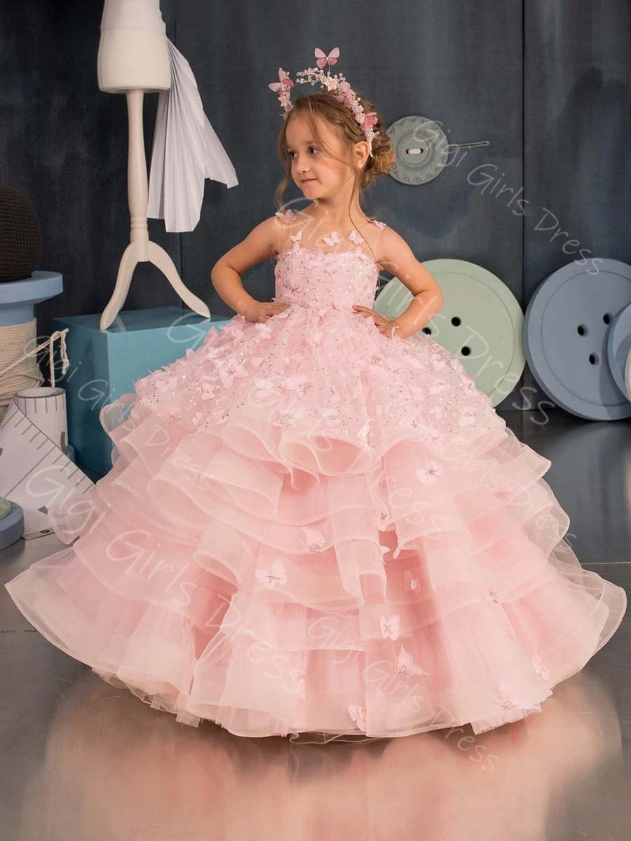 Roze bloemenmeisje jurk voor peuters 3D vlindervleugel gegolfde tule prinses optocht jurk aangepaste bruiloft baljurk