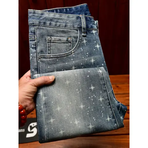Flash printed light luxury jeans men with and small feet 2025 autumn men's clothing elastic casual pants