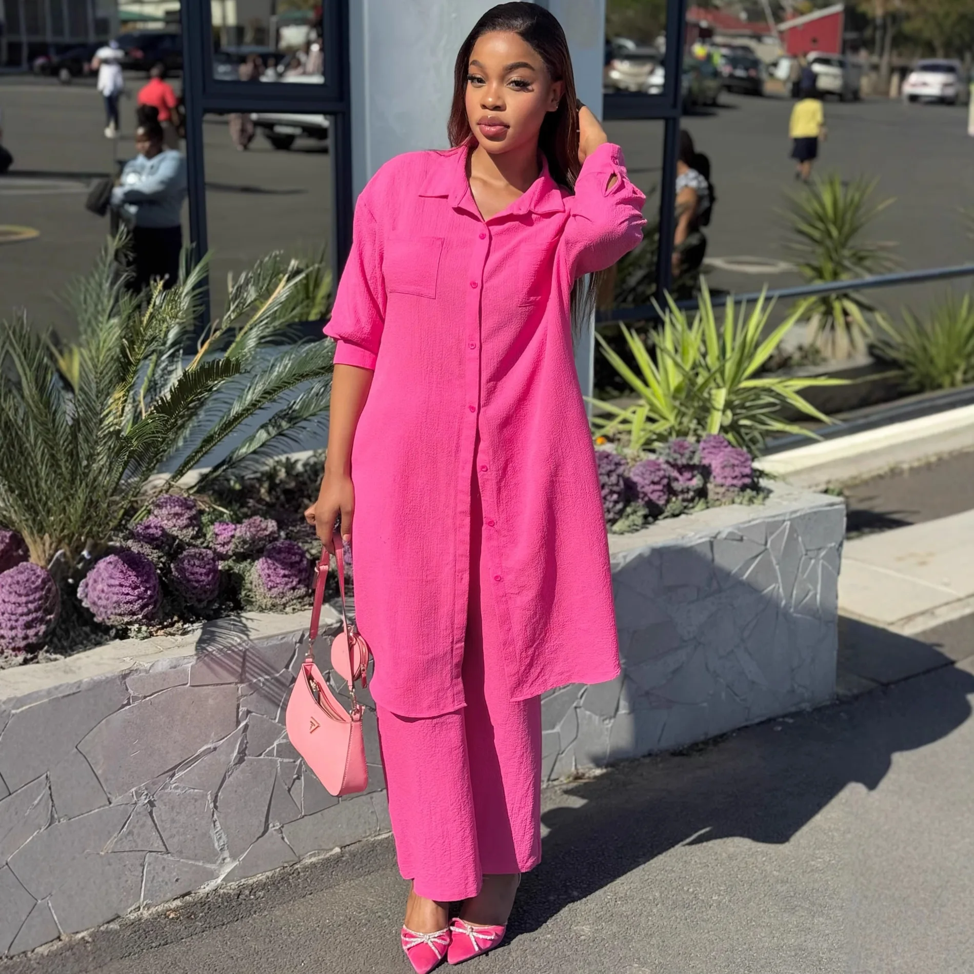 

Pant Set Women Two Piece Sets Turn Down Collar Full Sleeve Mid Length Shirt Wide Leg Long Pants High Waist Y2k Streetwear 2026