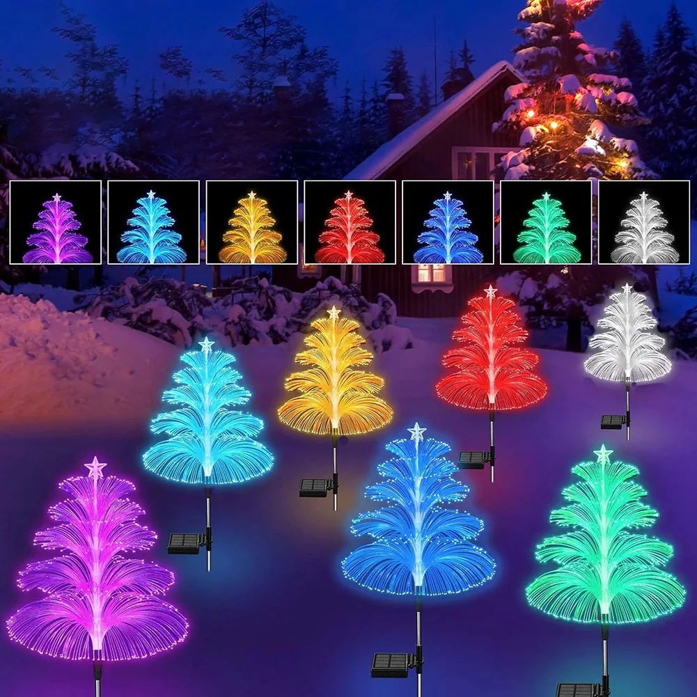 LED Fiber Optic Garden Light RGB Color Changing Solar Flower Light Colorful Solar Xmas Tree Garden Light 600mAh for Outdoor Lawn