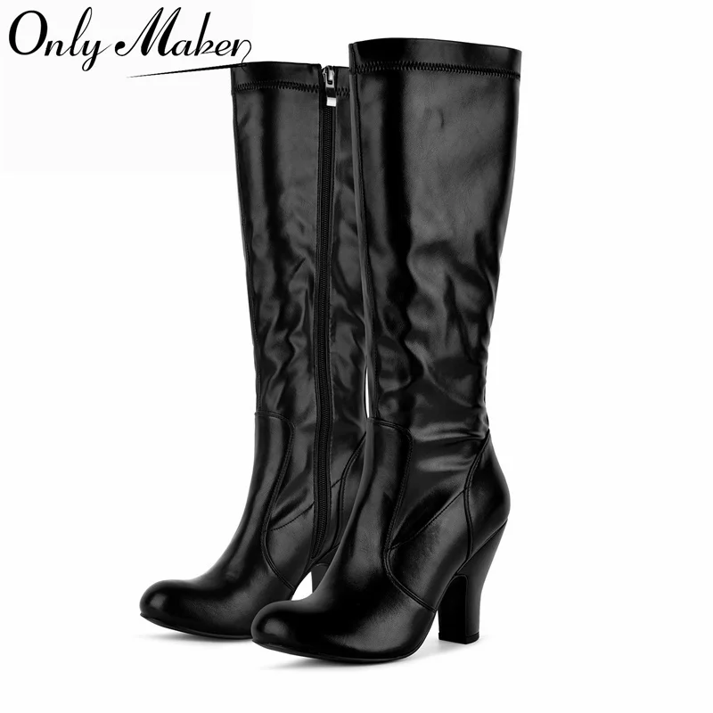 Onlymaker Round Toe Side Zippe Retro Knee‑High Boots Faux Leather Stretch Style Evening Party Dress Fall Winter Elegant Boots