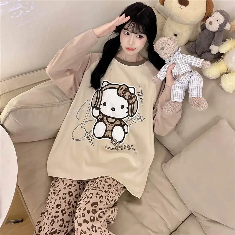 

Cartoon Pure Cotton Female Spring Pajamas Anime Hello Kiity Cute Round Neck Leisure Long Sleeves Plus Size Lounge Clothes Suit