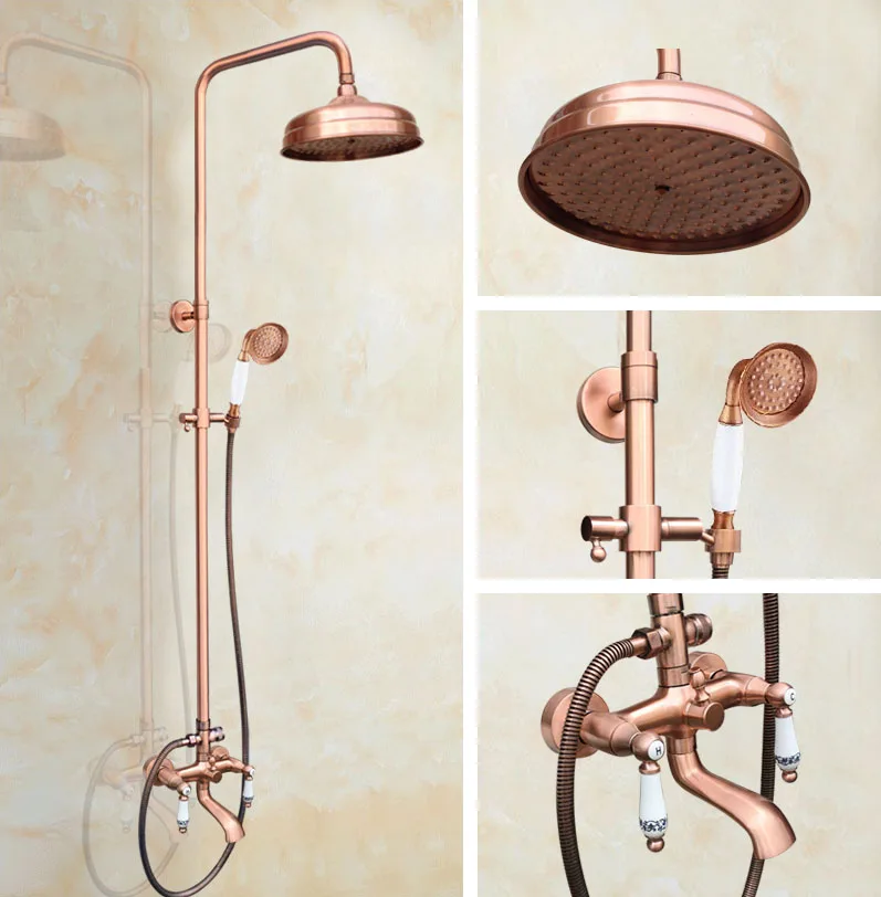 

Dual Ceramic Lever Handle Bathroom Faucet Set Antique Red Copper 8" Rainfall/Handheld Shower Hot And Cold Water Tap Kit 2rg544