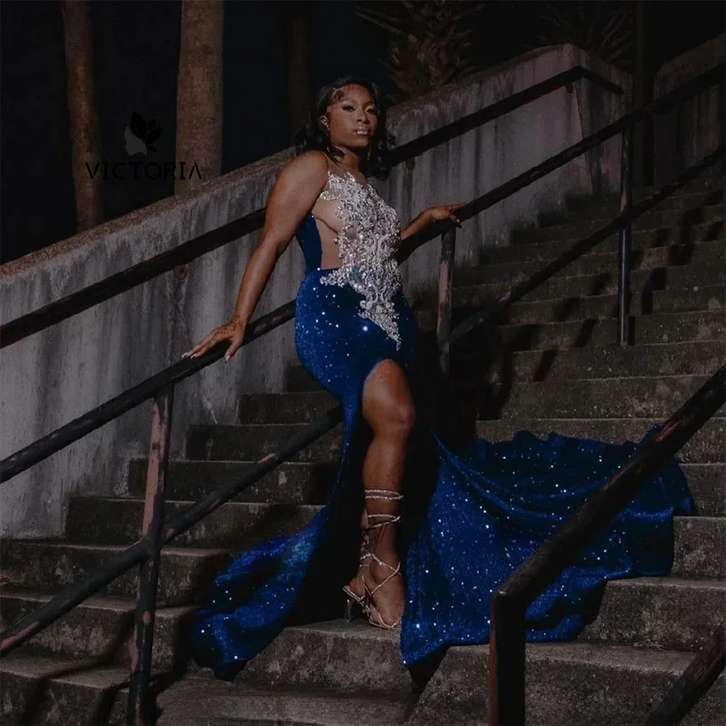 

Sexy Shiny Prom Dresses For Black Girl Crystal Sequin Mermaid Evening Gowns Sheer Neck Sequin Wedding Party Dress Customized