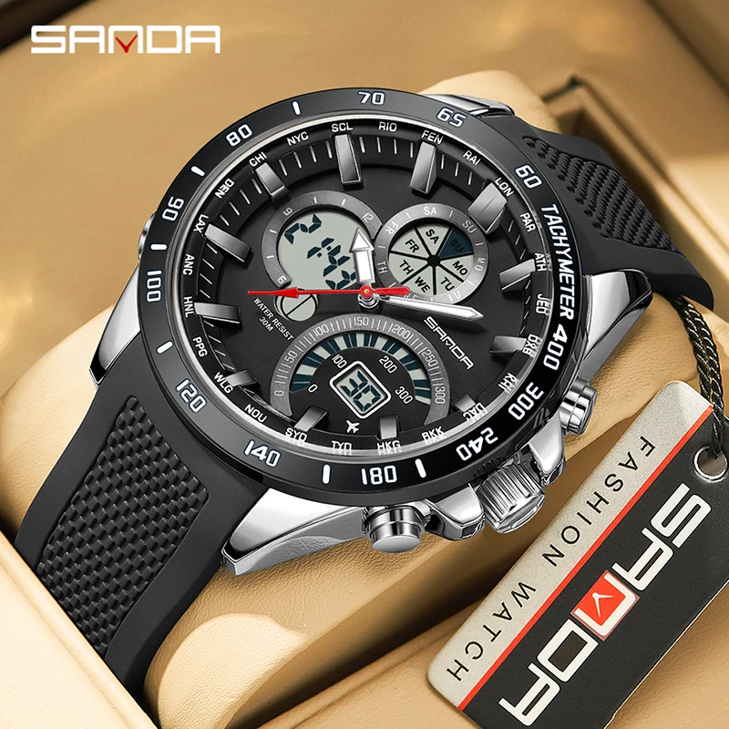 SANDA 3175 Class Men's Electronic Quartz Watch Dual Screen Black Technology Multi Functional 5bar Waterproof Men Digital Watches