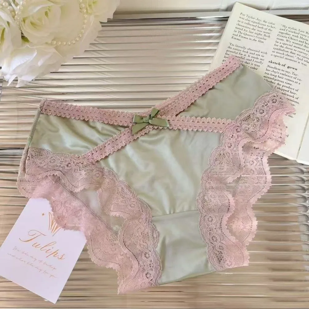 Underpants Low Waist Lace Briefs Underwear Sweet Satin Silk Briefs French Style Lingerie Ice Silk Panties Student Style