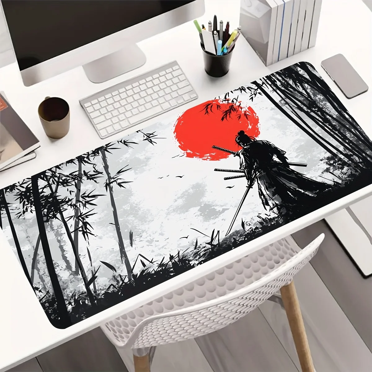 

Большой коврик для мыши Red Moon и японского самурая, настольный коврик, игровые коврики, противоскользящие прочные аксессуары для ПК, коврик для клавиатуры и мыши mauspad