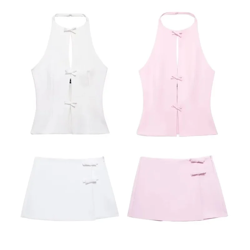 TRAF 2024 Off Shoulder Halter Top Female Pink White Crop Top Women Bow Cut Out Sleeveless Backless Top Woman Sexy Summer Tops