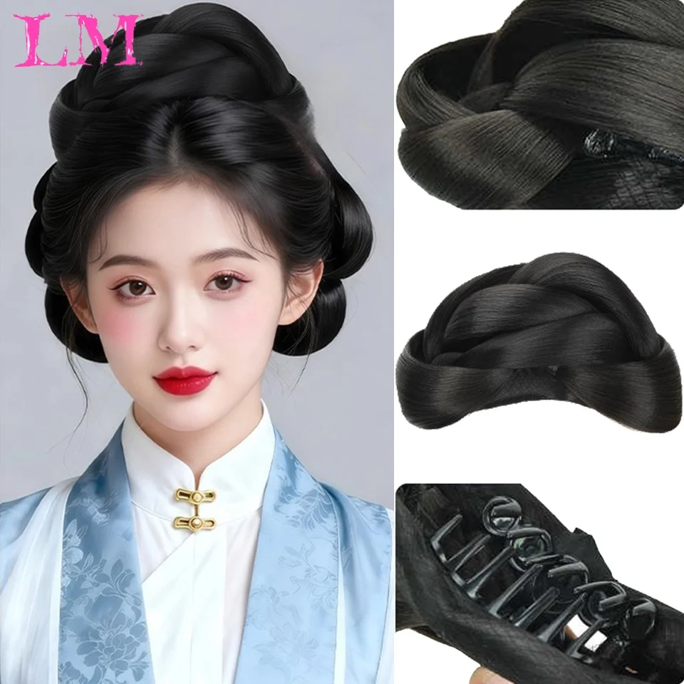 LM Hanfu Synthetic Chinese Style Hair Bun Claw Clip Black Synthetic Retro Braided Chignon Hairpiece for Ming Dynasty Costume