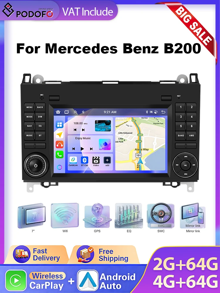 Podofo Carplay Videospeler Autoradio Radio 2din 7" Autoradio voor Mercedes Benz B200 W245 W169 2004-2012 Viano VITO W639 GPS BT - afbeelding 2