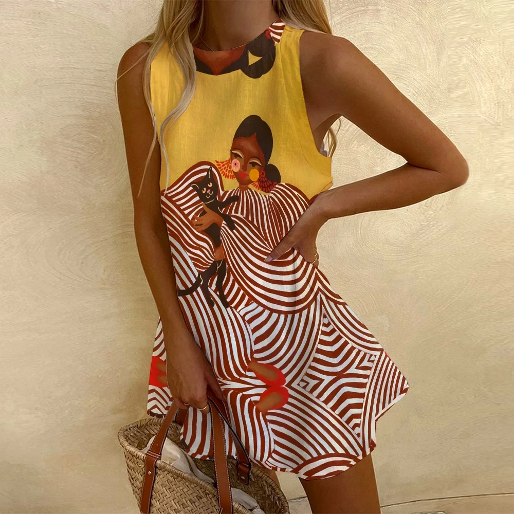 

Fashionable Yellow Vest Women's Sleeveless Printed Dress Bold Black Red Stripes Geometric Patterns Traf Stylish Art Aesthetic