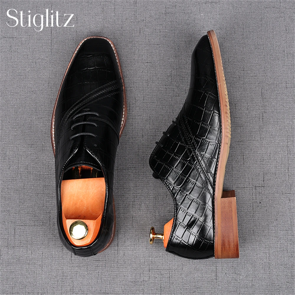 

Lace-Up Business Casual Shoes for Men Faux Crocodile Leather Oxford Shoes Elegant Style Handmade Dress Shoes Black Wedding Shoes