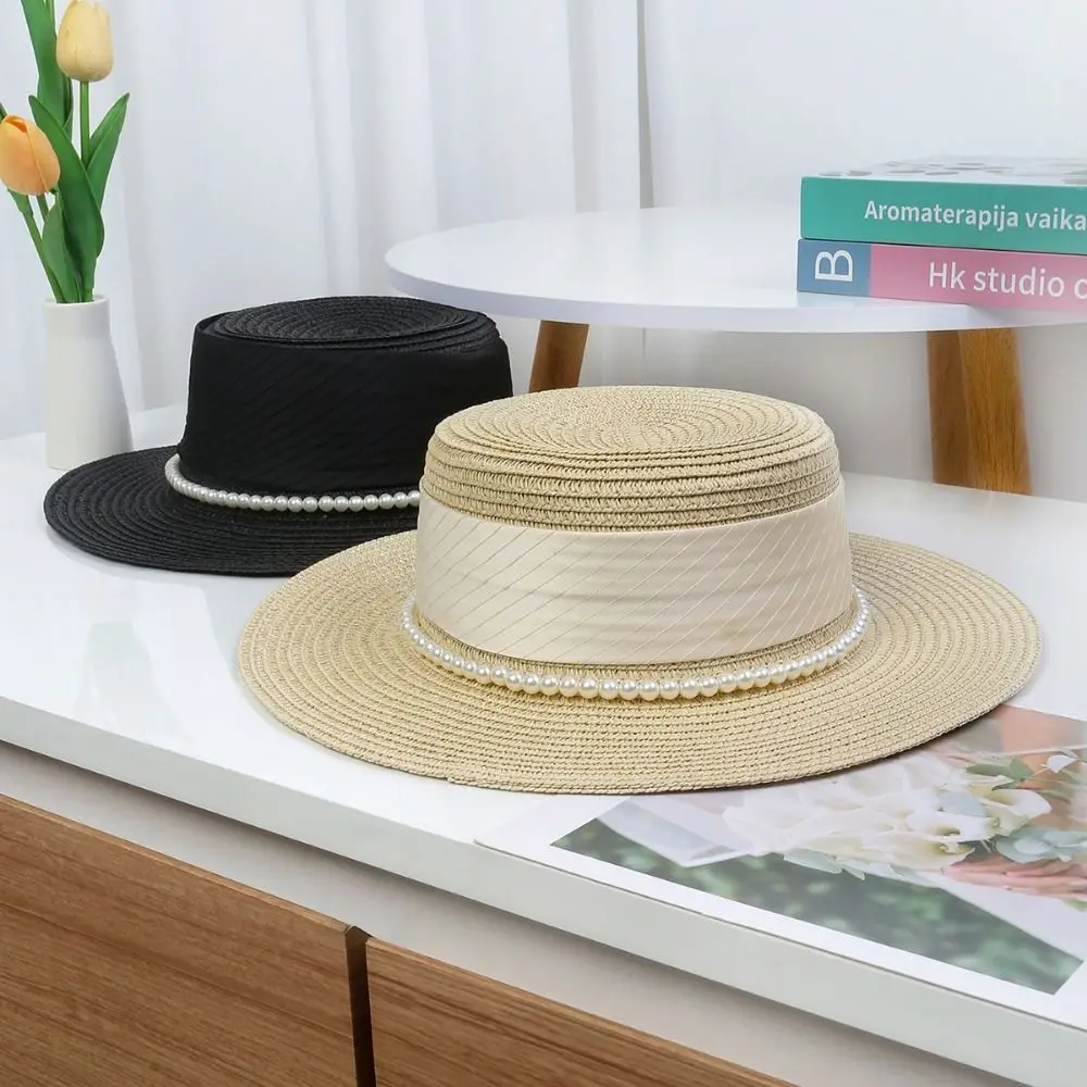 

UV Protection Wide Brim Straw Hat Straw Weaving Pearl Chain Flat Sun Cap Lightweight Breathable Women's Fisherman Hat Summer