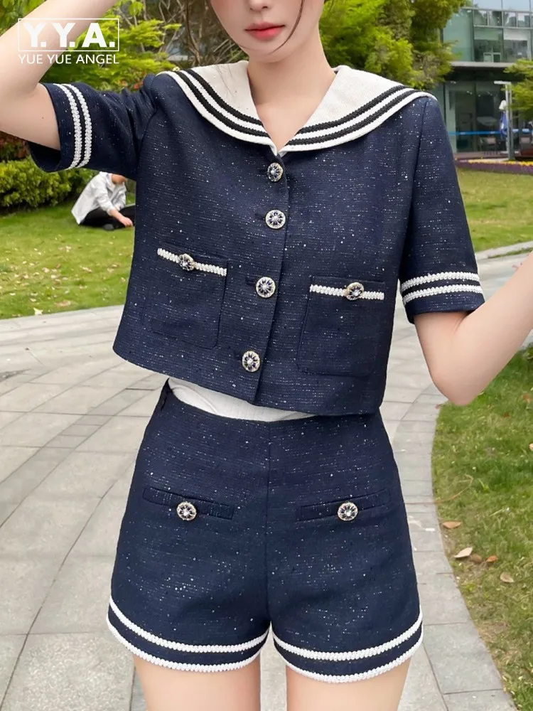

Leisure Ladies Single-Breasted Short Sleeves Jackets High Waist Shorts Two Piece Set Mixed Color Stripe Female Matching Set