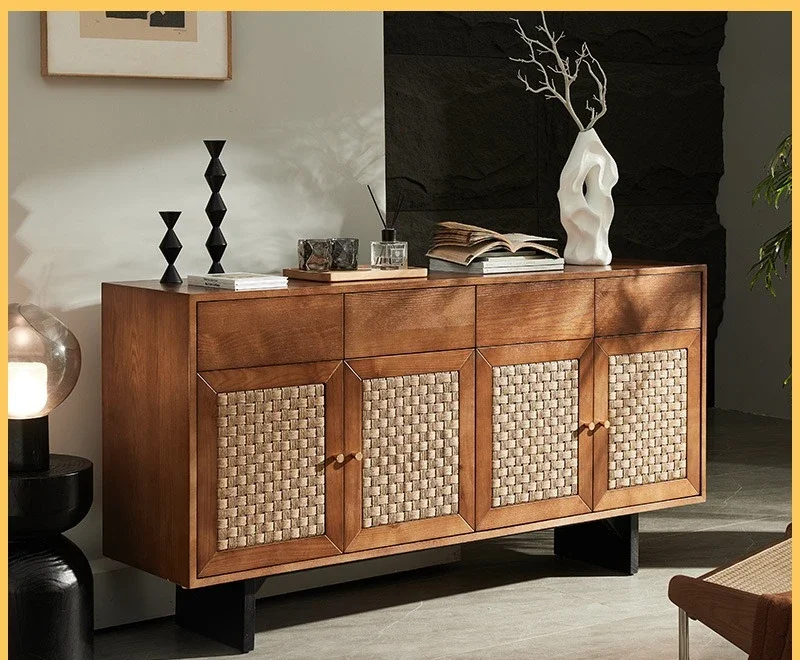 Simple modern living room tea locker rattan entrance TV cabinet solid wood dining side cabinet
