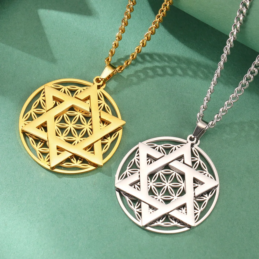 Dawapara Flower of Life Judaism Hexagram Necklace Stainless Steel Star of David Pendant Sacred Geometry Amulet Jewish Jewelry