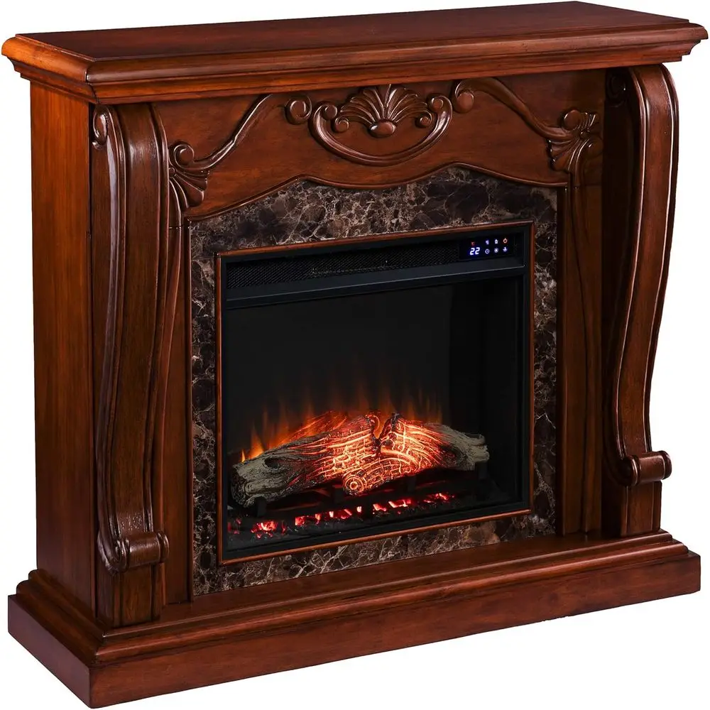 

New Walnut Electric Fireplace with Carved Wood and Auxiliary Marble