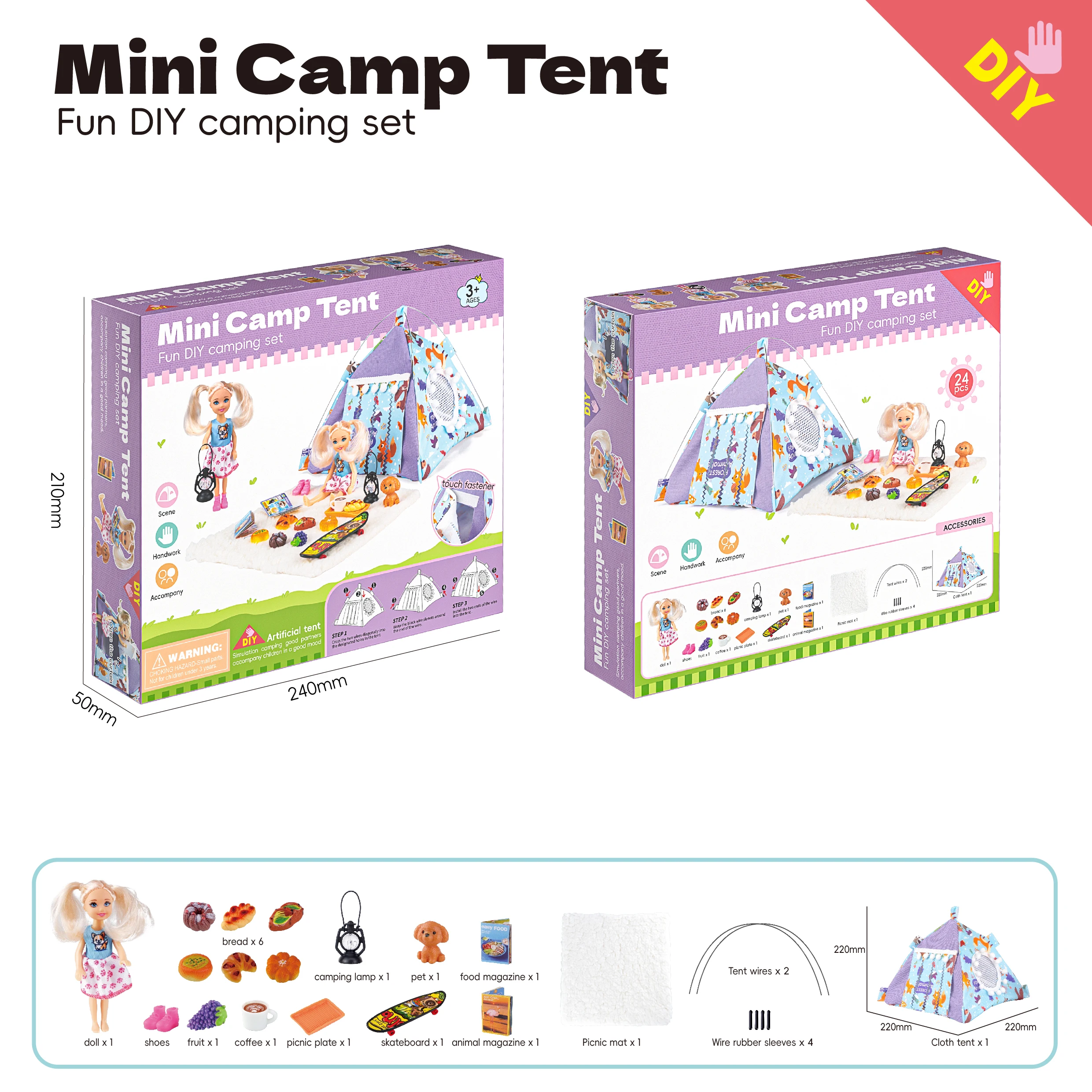 Spielhaus Simuliertes Camping Mini Camp Zelt Spielzeug für Mädchen Tragbares Miniatur-Skateboard-Puppenzelt Heiminteraktion Kinderspiel