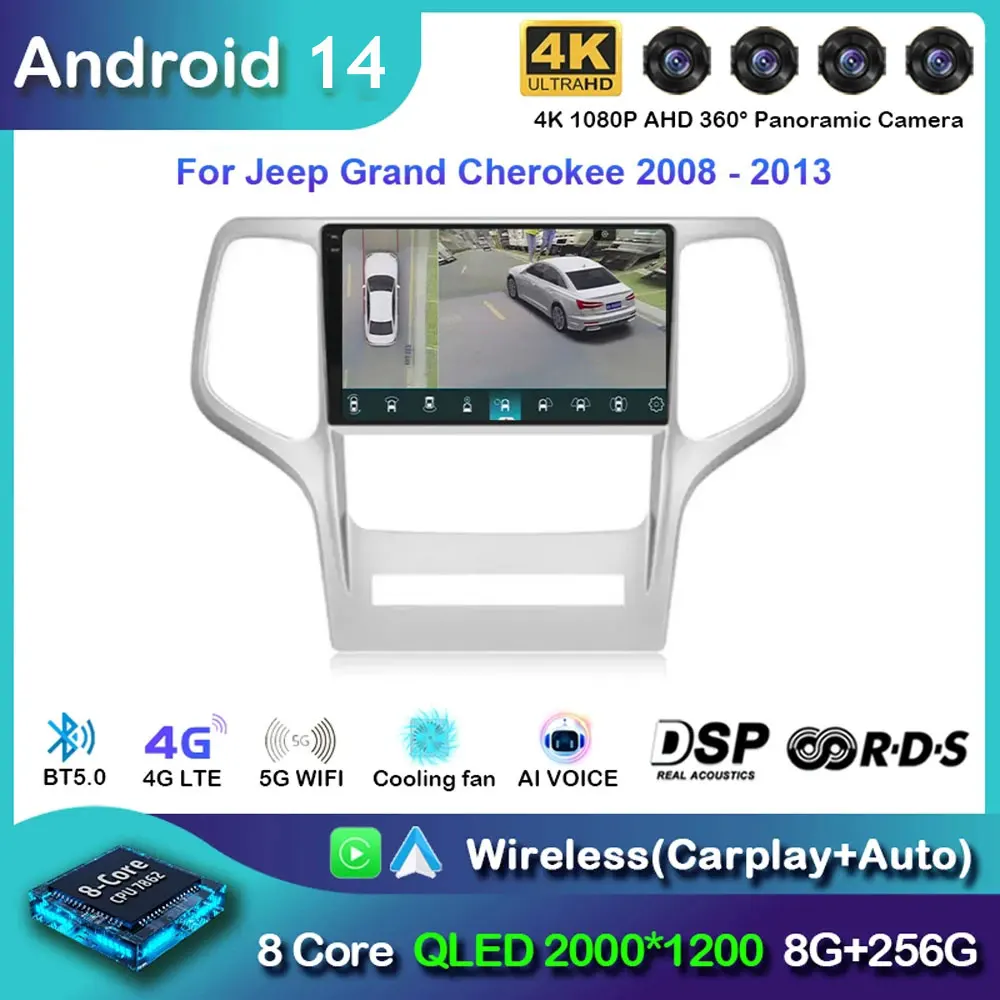 

9" Android 14 For Jeep Grand Cherokee 2008 2009 2010 2011 2012 2013 QLED Screen Car Radio Multimedia Video Carplay Naviigation