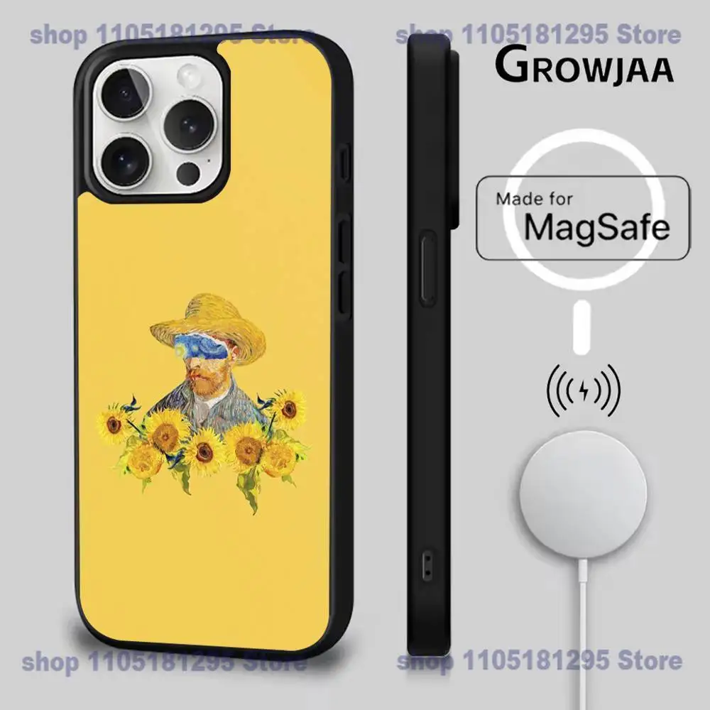 해바라기 아트 V-반 고흐 폰 케이스 아이폰 17,16,15,14,13,12,11,프로,맥스,플러스,미니,SE4,E용 마그네틱 맥세이프 무선 충전