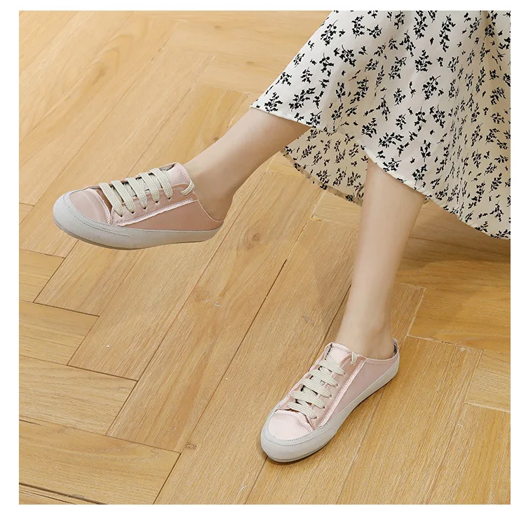 Spring Autumn Spanish Style Casual Flat Satin Silk Female College Style Campus Daily All-Match Lace-Up Slippers Single Shoes