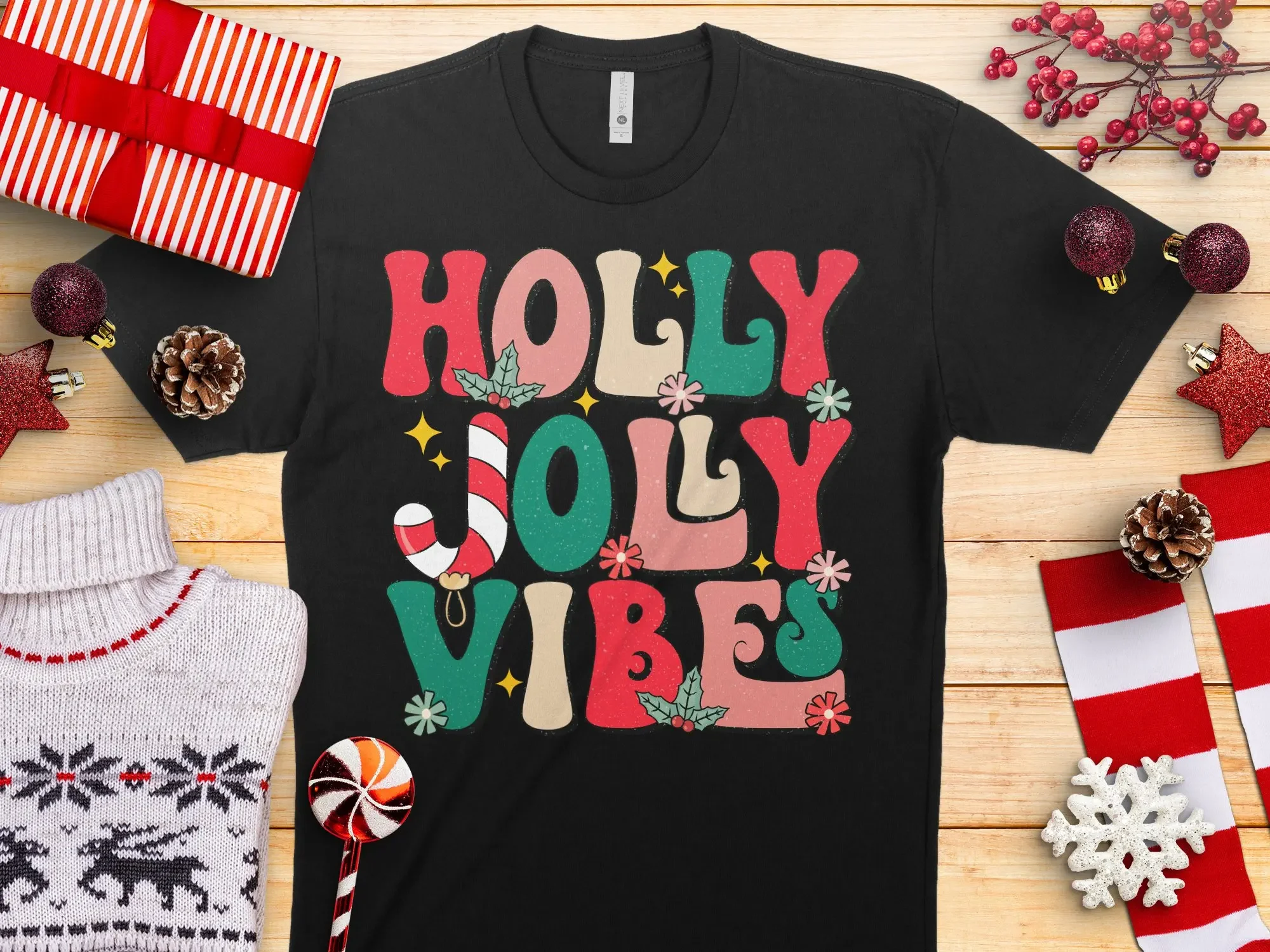 

Holly Jolly Vibes Retro Vintage Print T Shirt Winter Wonderland Secret Santa Christmas Holiday Present For Her