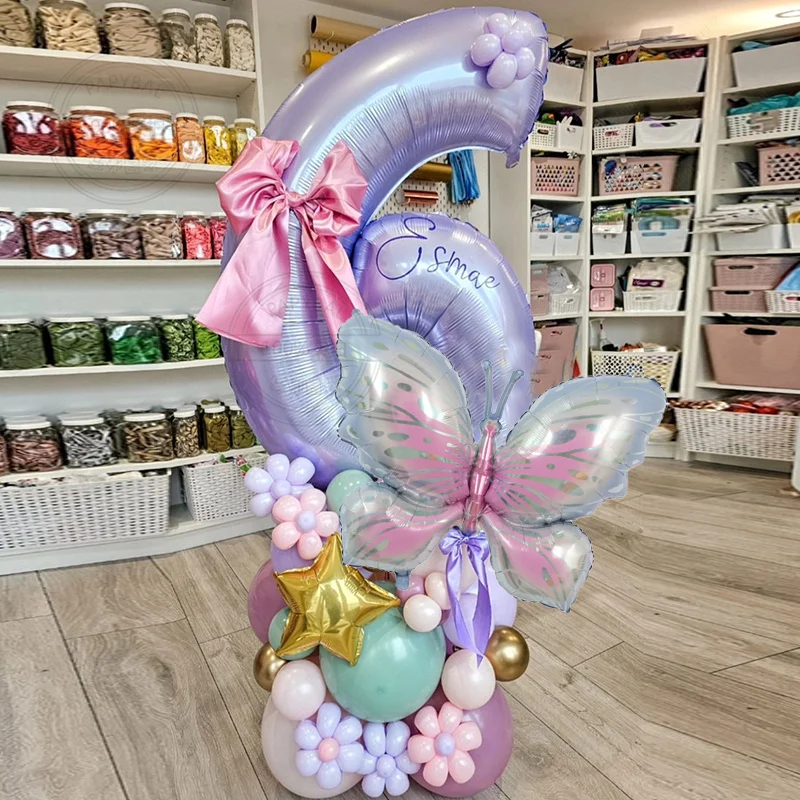 46pcs Purple Butterfly Digital Balloon Set Macaron Latex Ball Girl Adult Birthday Party Decoration Baby Shower Anniversary Decor