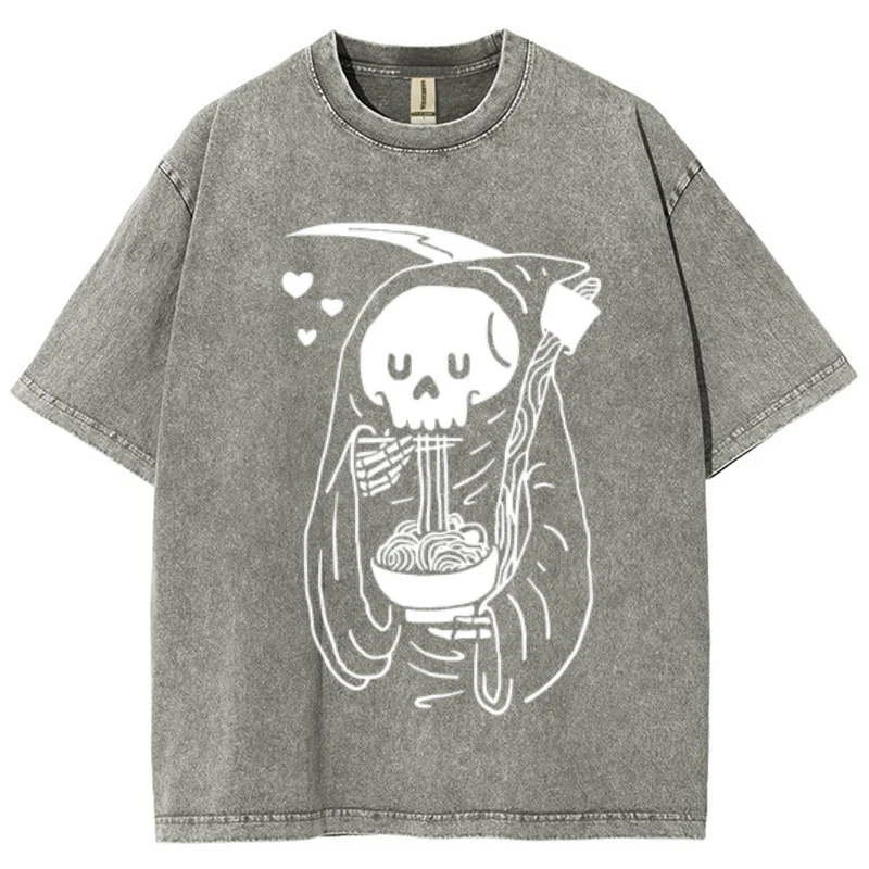 Unisex Fit Washed Oversized T-Shir Lamian Noodles Printing Short Sleeves Summer Harajuku Trend Summer Harajuku Plus Size