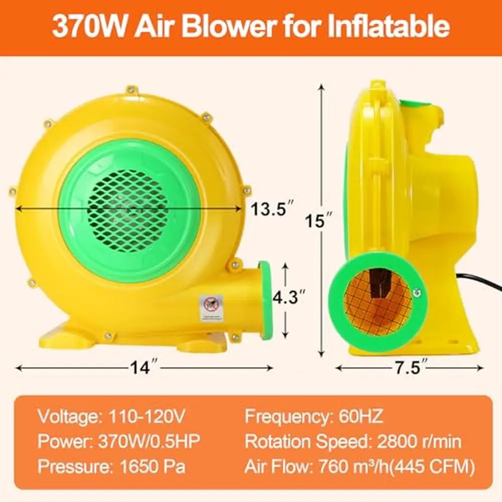 Bounce House Blower com Dual-Sided Fan Blade, Design de alta potência, Anti-Slip Handle, Indoor e Outdoor, 370W, 0.5HP, UL, ETL, ETL Certificado